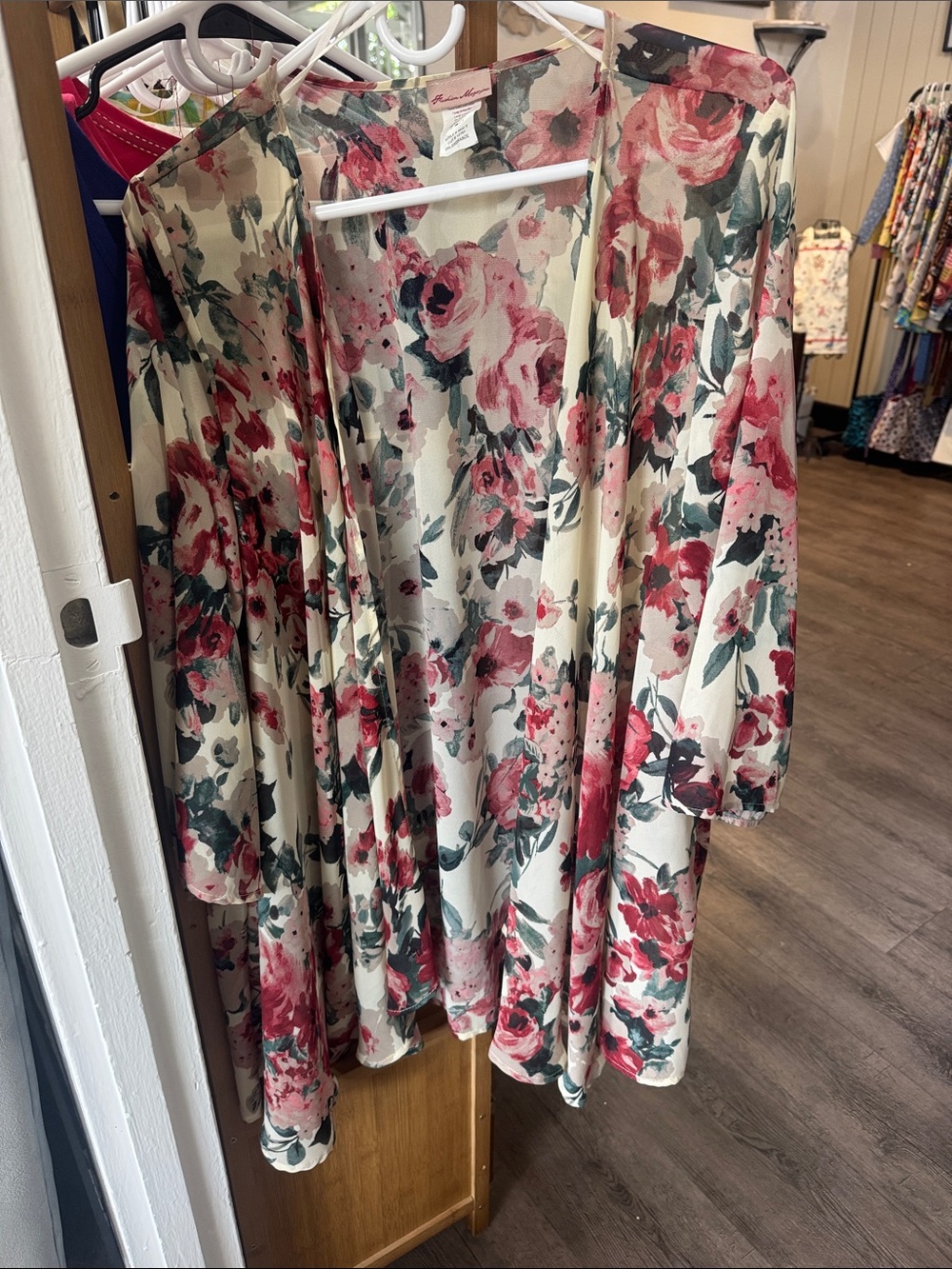 Fashion Magazine Floral Open-Front Kimono Jacket - Cream, Pink & Green